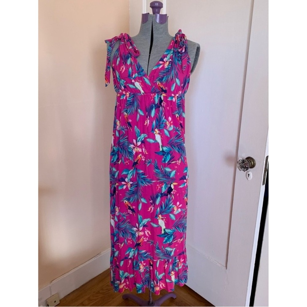Forever 21 Pink Tropical Parrot Floral Maxi Dress Large Tie Shoulder V-Neck Boho